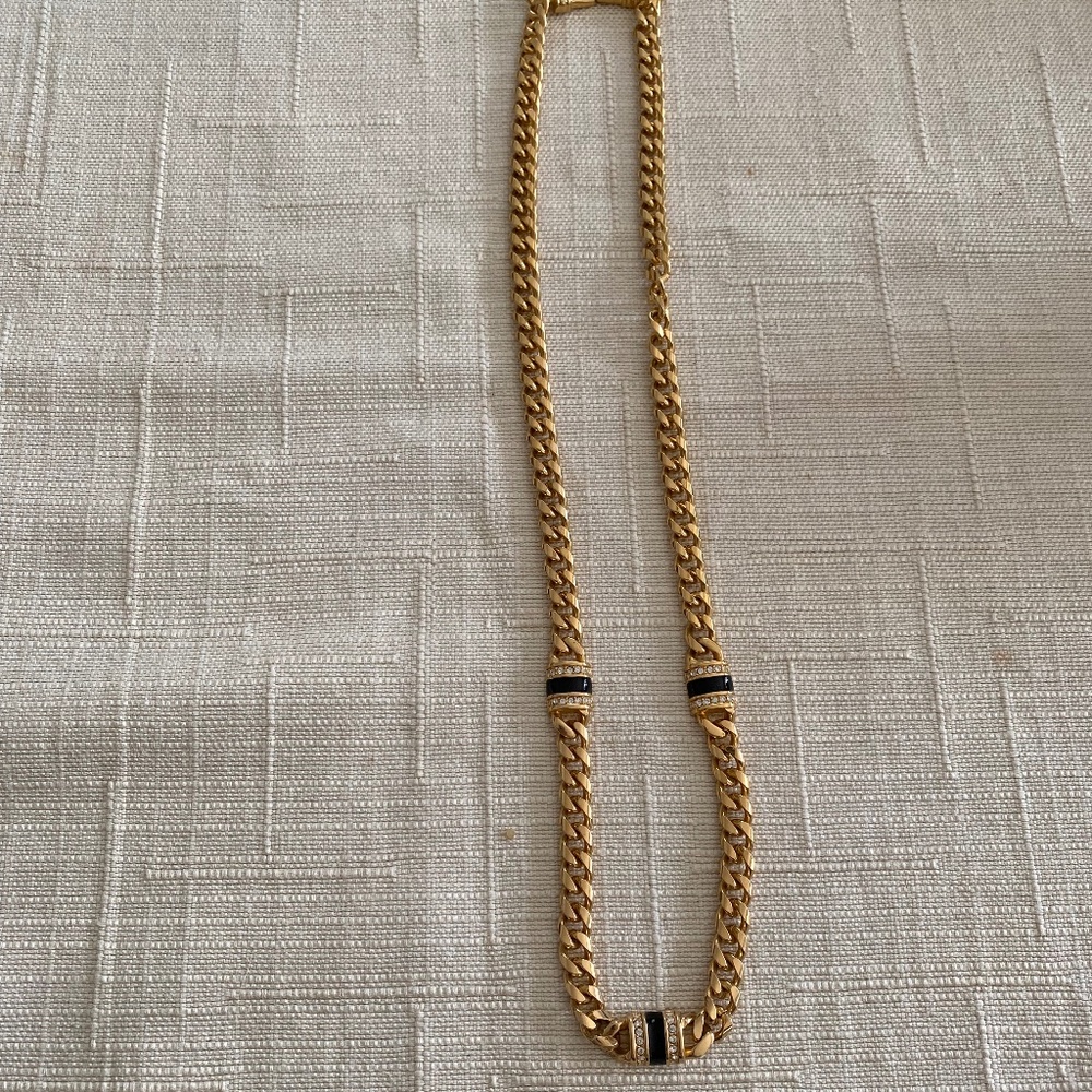 Signed Swarovski Chain Black Enamel and Crystal Link Necklace